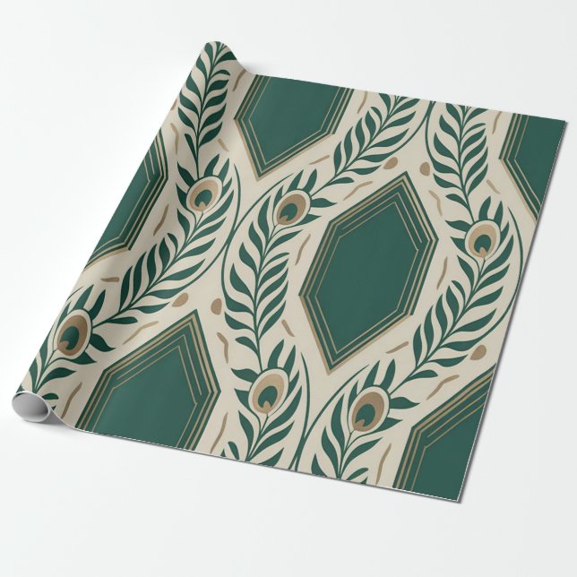 Elegant Emerald Peacock Feather Art Deco Wrapping  Paper (Unrolled)