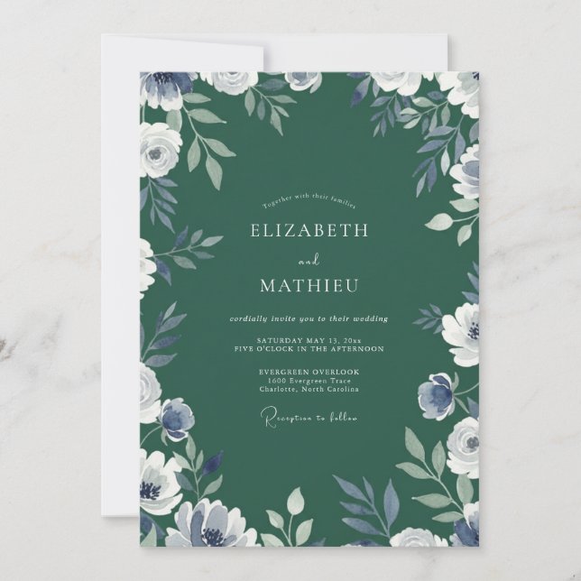 Elegant Emerald Periwinkle Watercolor Wedding Invitation (Front)