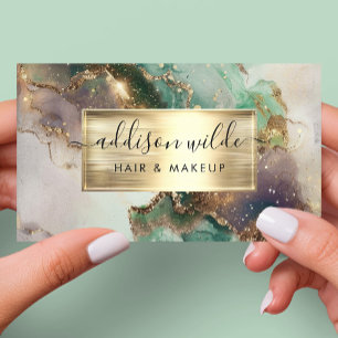 Elegant Emerald Purple And Gold Watercolor Marble Business Card
