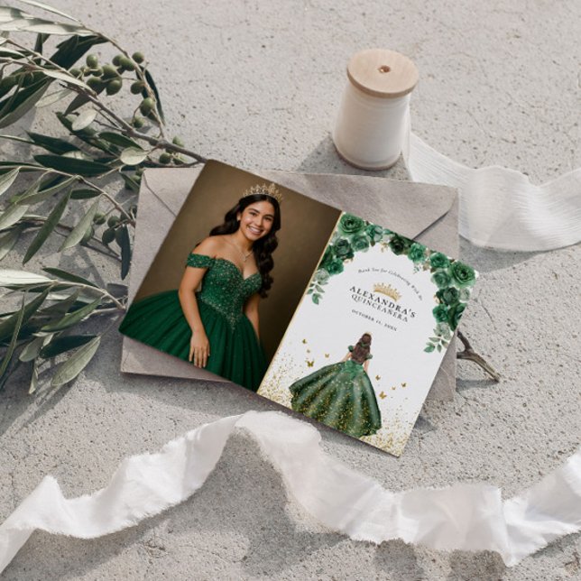Elegant Emerald Quinceañera Floral Faux Foil Photo Thank You Card (Creator Uploaded)