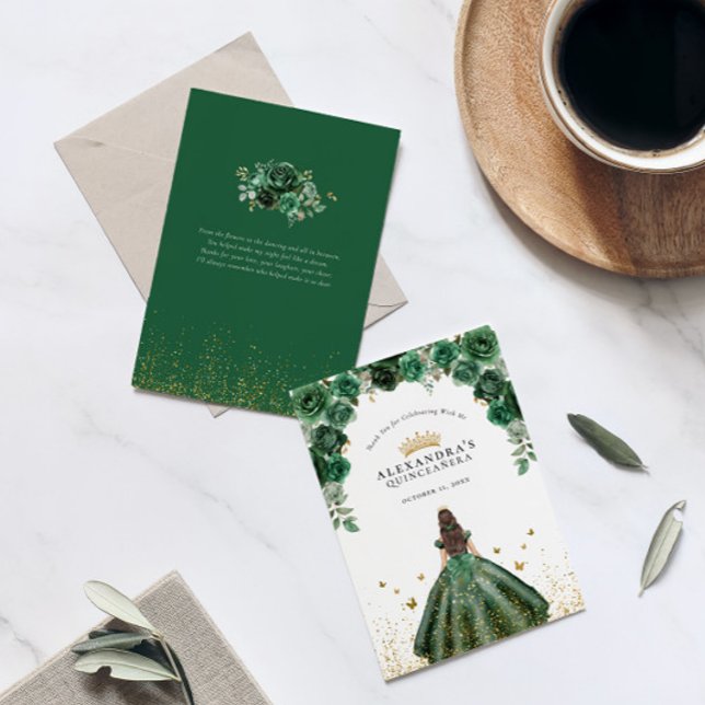 Elegant Emerald Quinceañera Floral Faux Foil Thank You Card (Creator Uploaded)