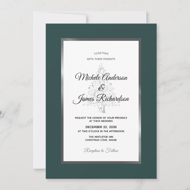 Elegant Emerald Silver Holiday Winter Wedding Invitation (Front)