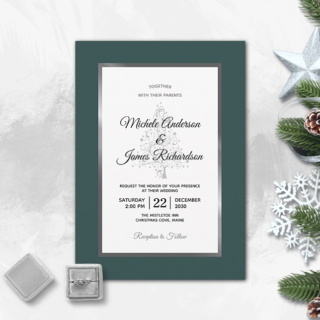 Elegant Emerald Silver Winter Holiday Wedding Invitation (Creator Uploaded)