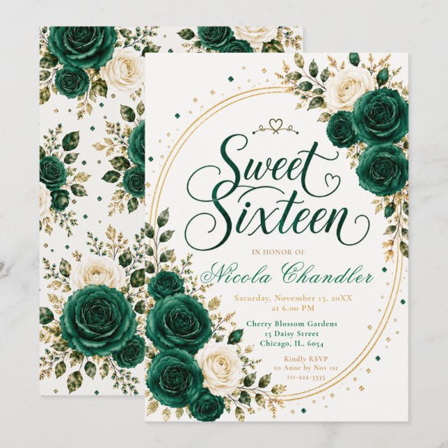 Elegant Emerald Sweet 16 Invitation (Front/Back)