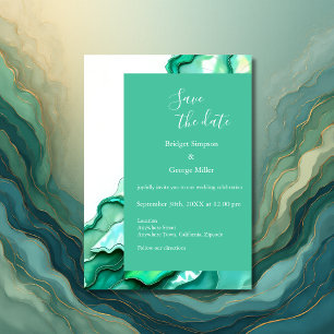 Elegant Emerald Teal Marble Watercolor Wedding Invitation
