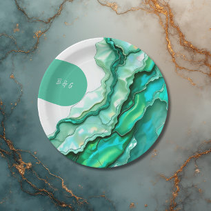 Elegant Emerald Teal Marble Watercolor Wedding Paper Plate