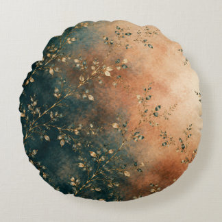 Elegant Emerald Teal & Rust Gold Botanical Throw P Round Cushion