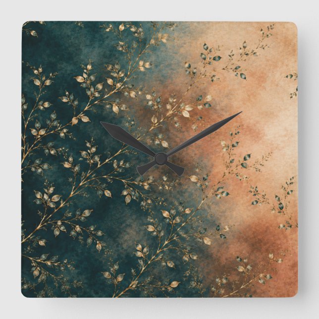 Elegant Emerald Teal & Rust Gold Botanical Throw P Square Wall Clock (Front)