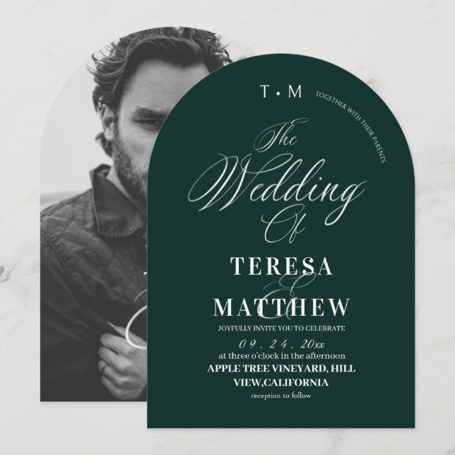 Elegant Emerald & White Classic Script Wedding Invitation (Front/Back)