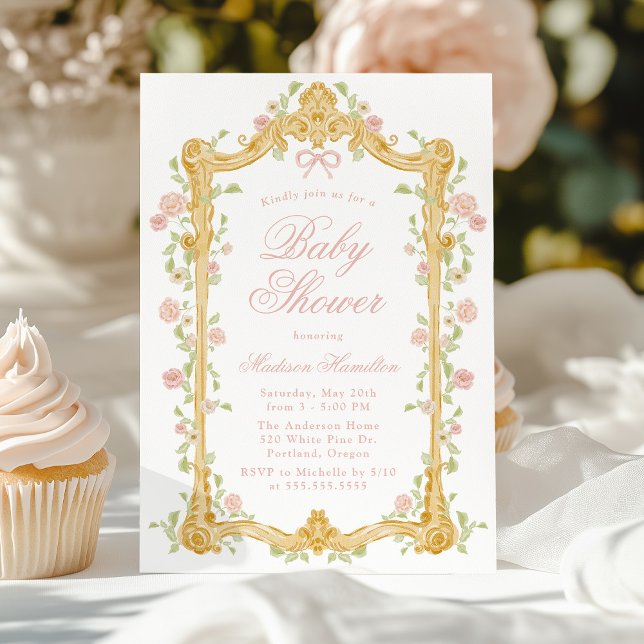 Elegant Enchanted Pink Floral Frame Baby Shower Invitation (Creator Uploaded)