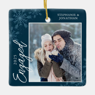 Elegant Engaged Christmas Snowflakes Blue Ceramic Ornament