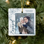 Elegant Engaged Christmas Snowflakes Ceramic Ornament<br><div class="desc">This square Christmas ornament is a perfect gift for the newly engage couple. The design features a photo frame with handwritten text "Engaged" and is accented with light blue snowflakes. Personalise with a pictures of the couple,  their names and year.</div>