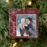 Elegant Engaged Christmas Snowflakes Red Ceramic Ornament<br><div class="desc">This red square Christmas ornament is a perfect gift for the newly engage couple. The design features a photo frame with handwritten text "Engaged" and is accented with light grey snowflakes on a red background. Personalise with a pictures of the couple,  their names and year.</div>