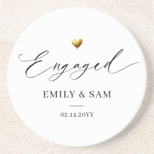 Elegant Engaged Gold Heart Personalised Couple Coaster