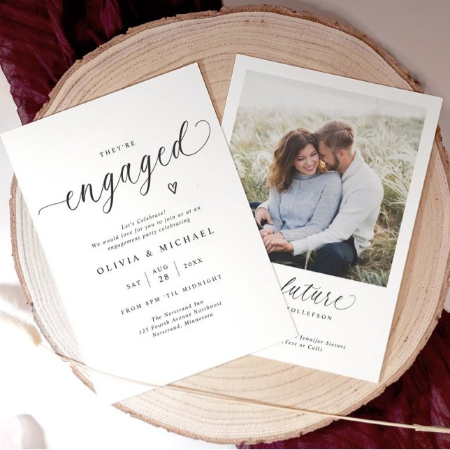 Elegant Engaged Modern Script Engagement Party Invitation (Elegant black and white engagement party invitation with modern minimalist script and couple’s photo)