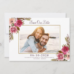 Elegant Engaged Photo Floral Wedding Gold Frame Save The Date