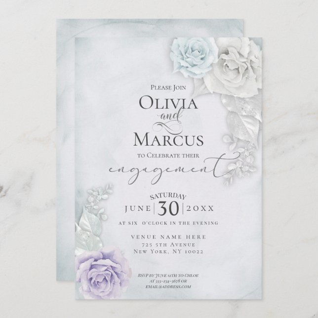 Elegant Engagement Blue Lilac and Ivory Roses Invitation (Front/Back)
