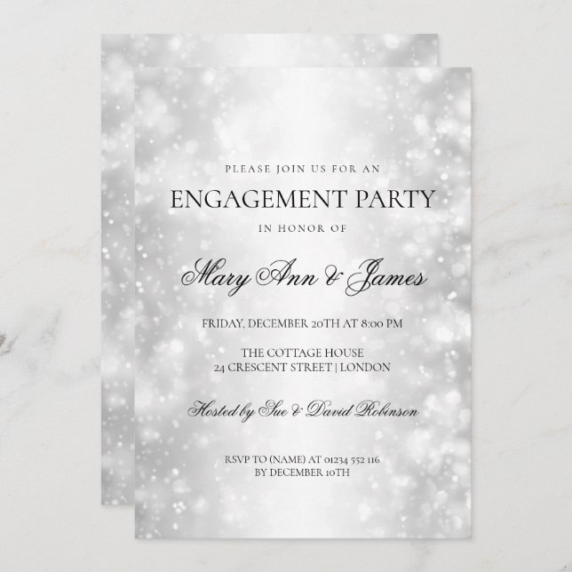 Elegant Engagement Party Silver Shimmer Lights Invitation (Front/Back)