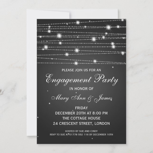 Elegant Engagement Party Sparkling Lines Black Invitation (Front)
