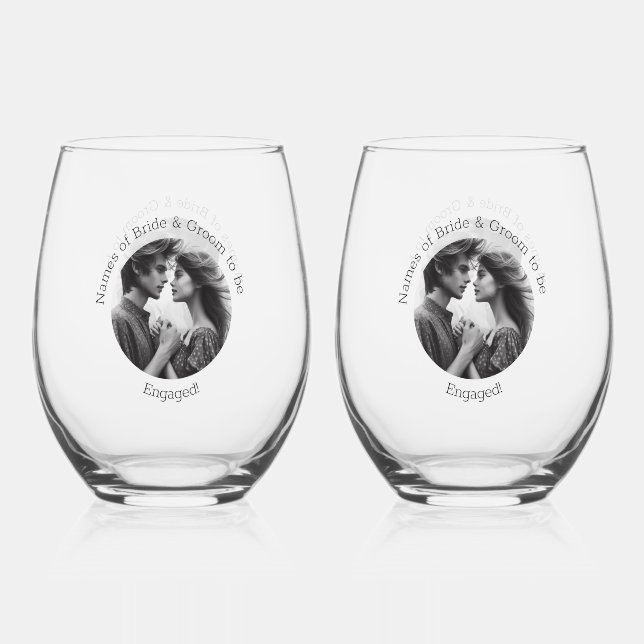 Elegant Engagement Personalised Photo Bride Groom Stemless Wine Glass (Front)
