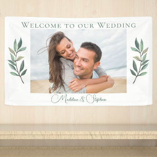 Elegant Engagement Photo Green Botanical Wedding Banner