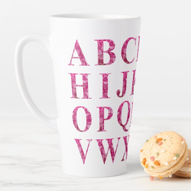 Elegant English Alphabet in Pink Floral Lettering Latte Mug (In Situ)