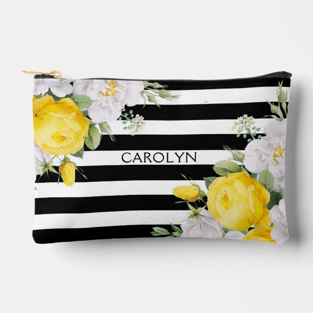 Elegant English Yellow Roses Black White Stripes Accessory Pouch (Front)
