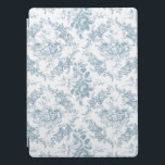 Elegant Engraved Blue and White Floral Toile iPad Pro Cover<br><div class="desc">Elegant vintage inspired engraved dusty blue floral toile pattern featuring roses,  vines and scrolls on a white background. Seamless pattern can be scaled up or down.</div>