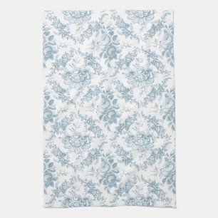 Elegant Engraved Blue and White Floral Toile Tea Towel