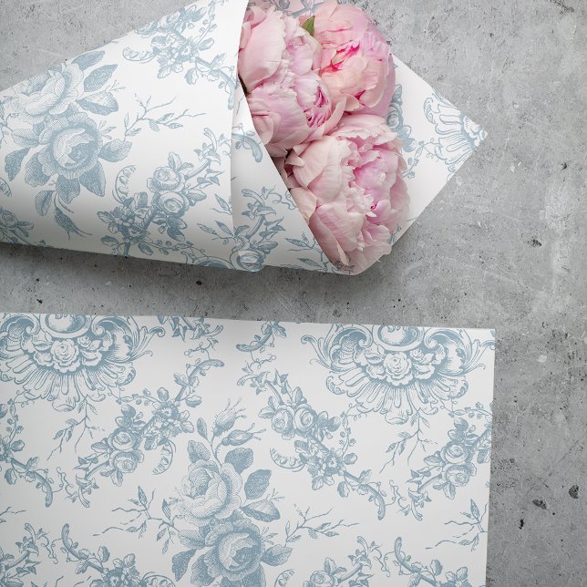 Elegant Engraved Blue and White Floral Toile Tissue Paper (Creator Uploaded)