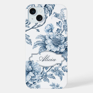 Elegant Engraved Blue Floral w/Name or Monogram iPhone 15 Plus Case