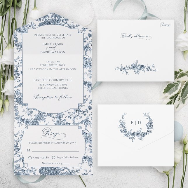 Elegant Engraved French Blue Floral Toile All In One Invitation (Creator Uploaded)