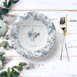 Elegant Engraved French Blue Floral Toile Paper Plate<br><div class="desc">Elegant and ornate vintage blue and white toile de jouy background pattern featuring exotic flowers,  vines and foliage intertwined with garlands and baskets of roses with round element,  floral bouquet and text fields. Shop matching products in Collections at the Grafixmom store.</div>