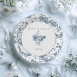 Elegant Engraved French Blue Floral Toile Paper Plate<br><div class="desc">Elegant and ornate vintage blue and white toile de jouy background pattern featuring exotic flowers,  vines and foliage intertwined with garlands and baskets of roses with round blank element,  floral bouquet and text fields. Shop matching products in Collections at the Grafixmom store.</div>