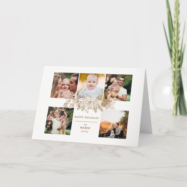 Elegant Engraved Gold Christmas Floral 5-Photo Holiday Card (Front)
