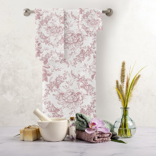 Elegant Engraved Pink and White Floral Toile Bath Towel Set