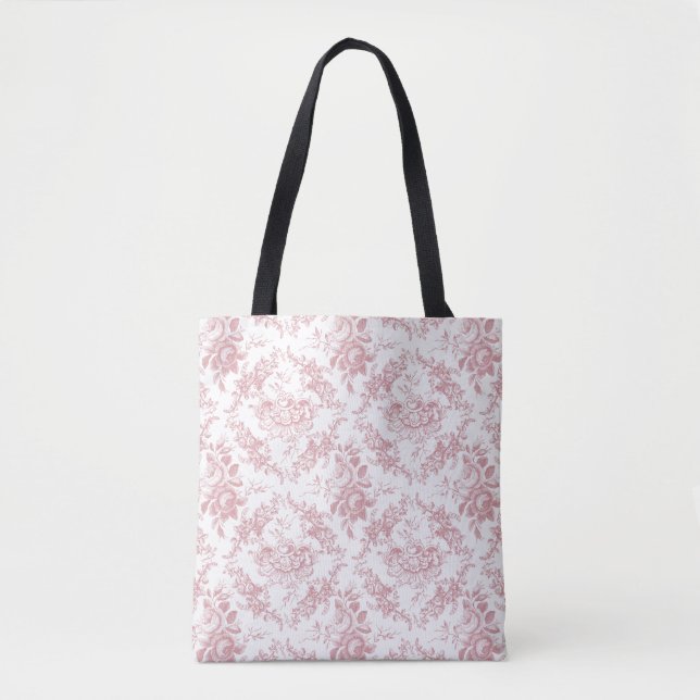 Elegant Engraved Pink and White Floral Toile Tote Bag (Front)