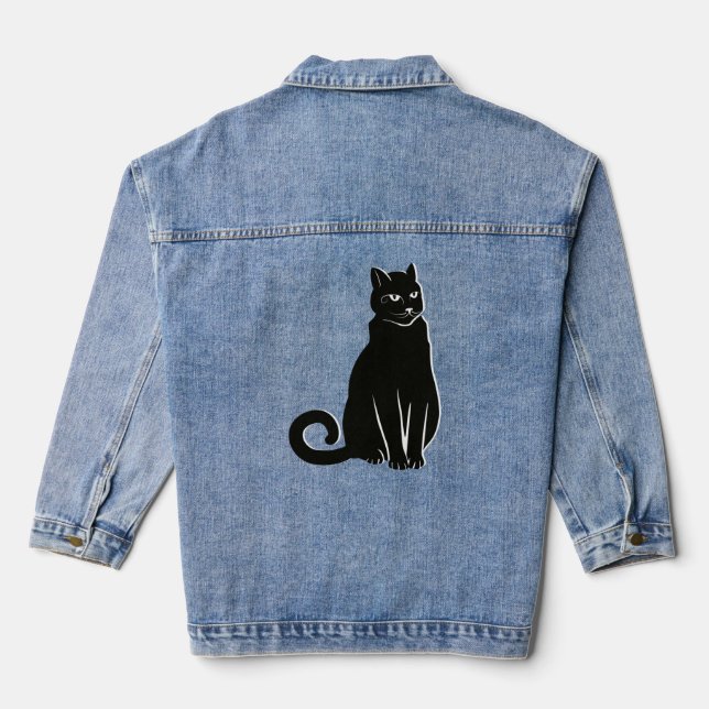 Elegant Enigma: Artistic Black Cat Denim Jacket (Back)