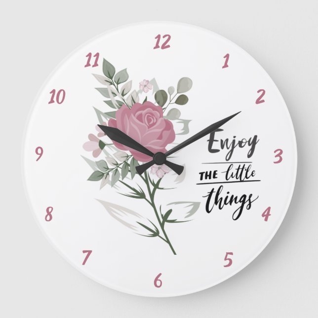 Elegant Enjoy The Little Things Quote Pink Rose Large Clock (Front)