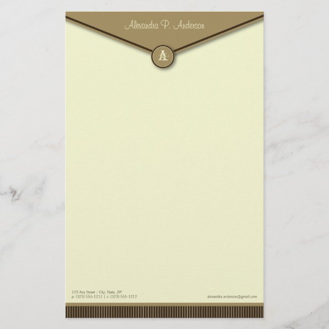Elegant Envelope (mocha) Monogram Stationery (Front)