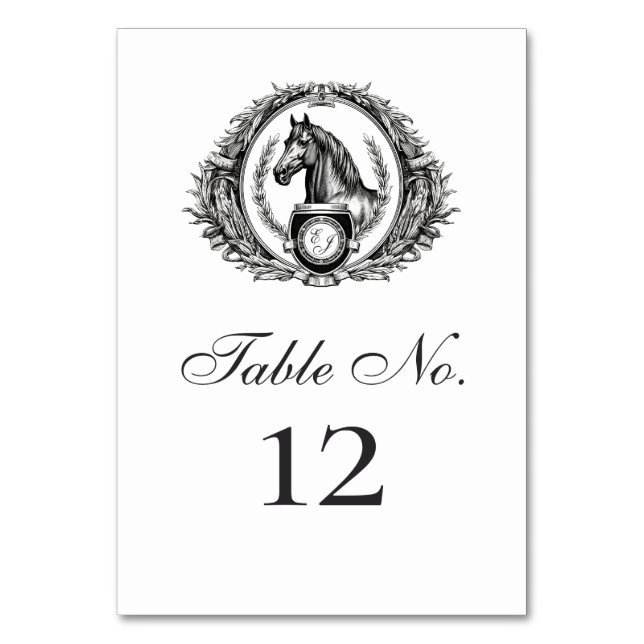 Elegant Equestrian Horse Monogram Crest Wedding Table Number (Front)