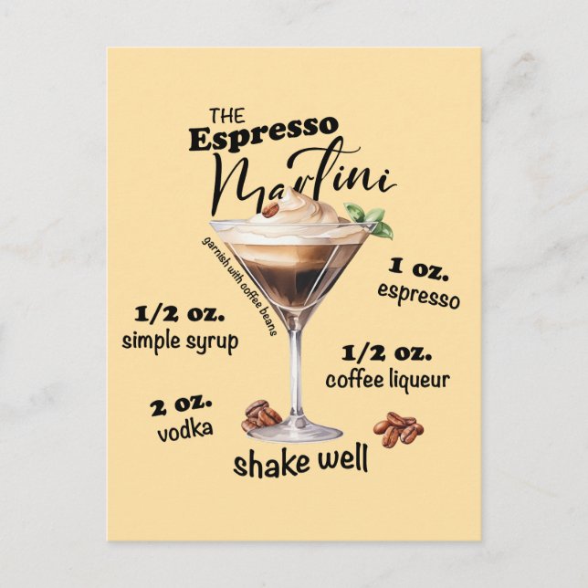 Elegant Espresso Martini Recipe Cocktail Art Postcard (Front)