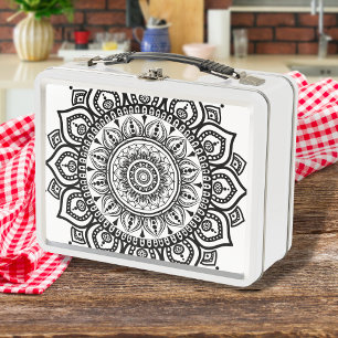 Elegant Ethnic Black Floral Mandala Pattern Metal Lunch Box