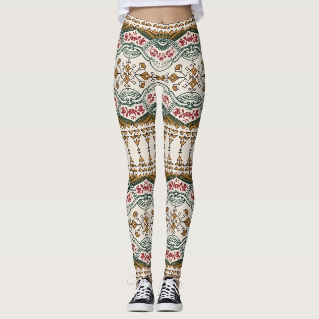 Elegant Ethnic Floral Boho Border Leggings (Front)