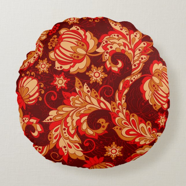 Elegant Ethnic Flowers Seamless Pattern Round Cushion (Front)