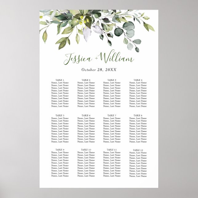 Elegant Eucalyptus 12 Tables Wedding SEATING CHART (Front)