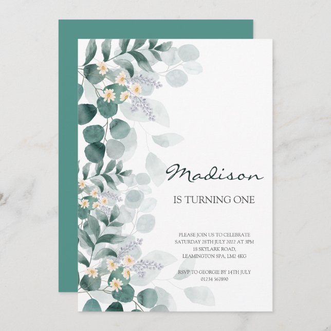 Elegant eucalyptus 1st birthday invitation  (Front/Back)