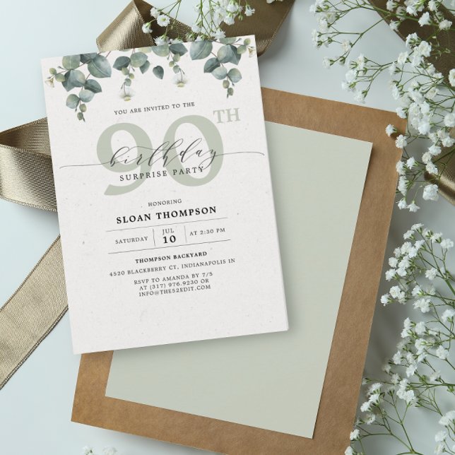 Elegant Eucalyptus 90 Birthday Surprise Invitation (Creator Uploaded)