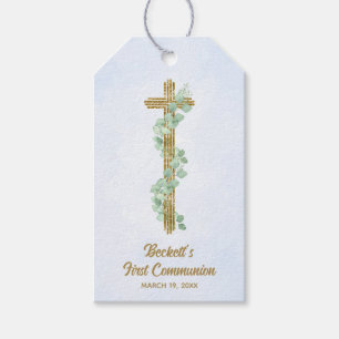 Elegant Eucalyptus and Cross Blue First Communion Gift Tags