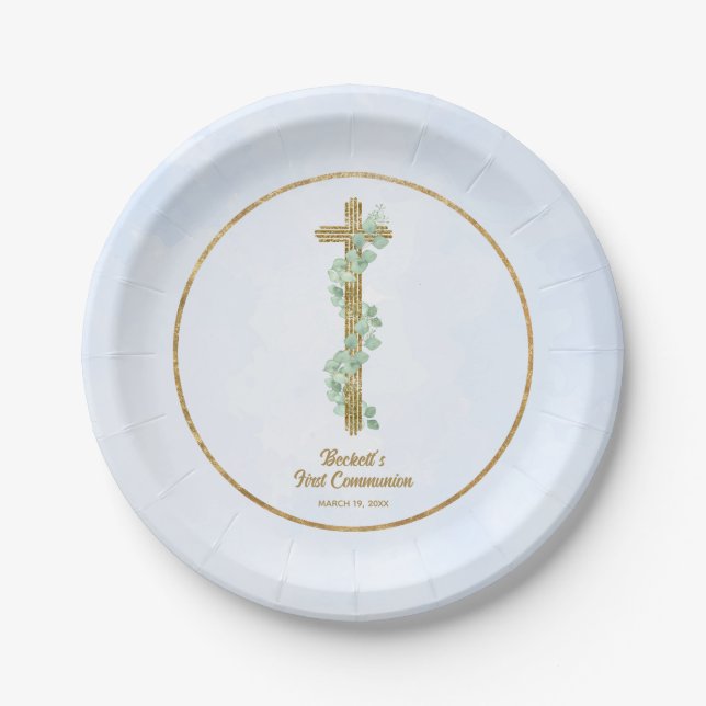 Elegant Eucalyptus and Cross Blue First Communion Paper Plate (Front)